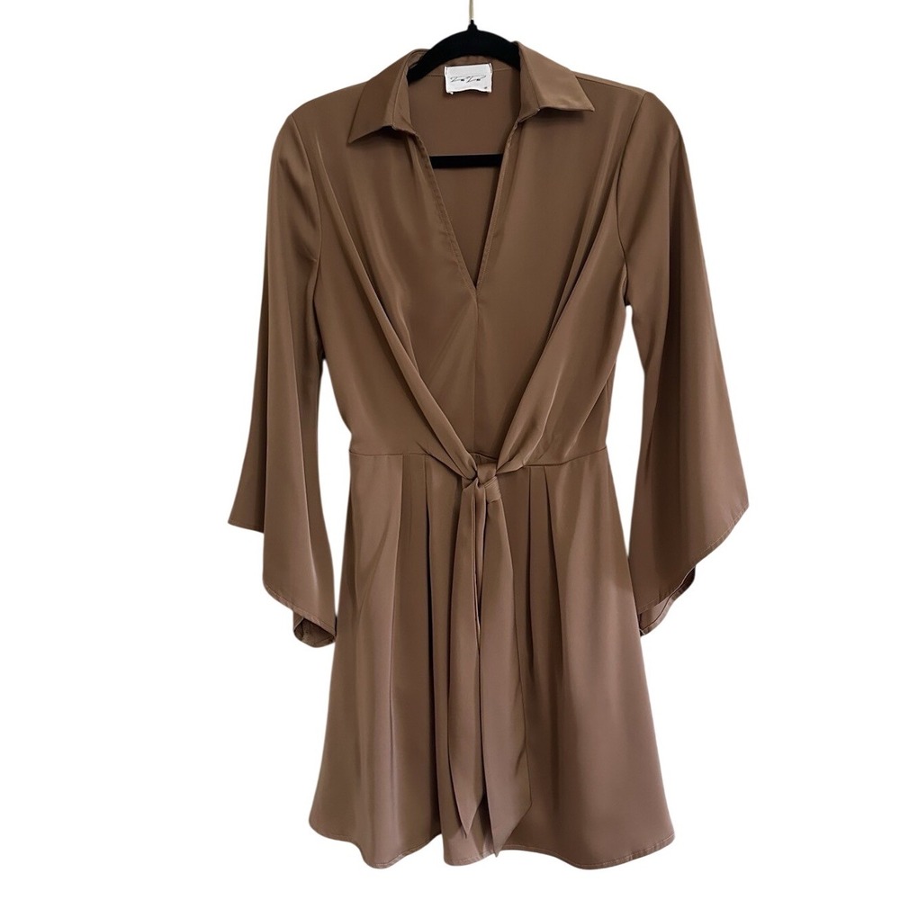 Brown Mini Dress Women Size S Bell Sleeve‎ Front Tie D-2435-H
